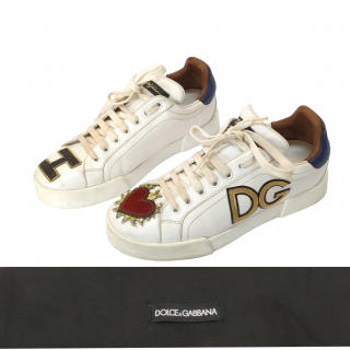 Dolce And Gabbana White Leather Portofino Sacred Heart Sneakers