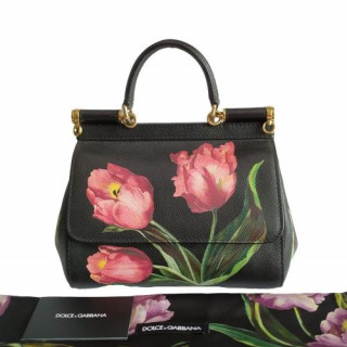 Dolce & Gabbana Black Leather Pink Tulips Flowers Sicily Shoulder Bag
