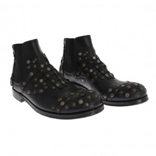 Dolce & Gabbana Black Leather Gold Studded Shoes Boots