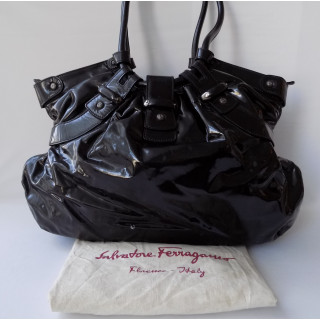 SALVATORE FERRAGAMO Black Patent Calfskin Leather Celtico Satchel Bag