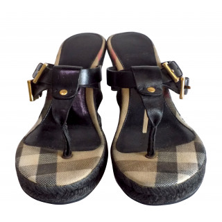 Burberry Black Leather Thong Espadrilles Wedges