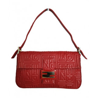 Fendi Red Logo Embossed Nappa Leather Baguette Bag