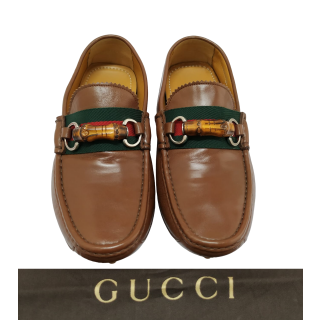 Gucci Tan Brown Leather Web Bamboo Horsebit Loafer