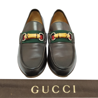 Gucci Dark Brown Leather Web Bamboo Horsebit Loafer
