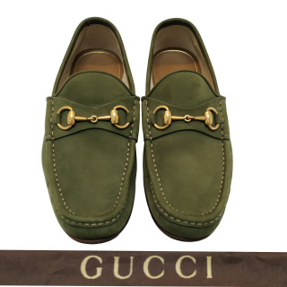 Gucci Horsebit Olive Green Suede Leather Loafers