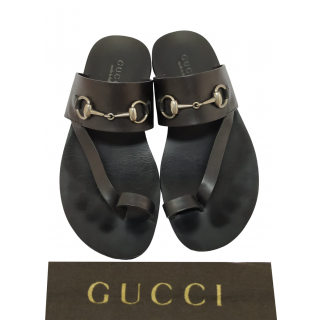 Gucci Black Leather Silver Horsebit Toe Strap Sandals