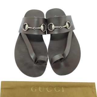 Gucci Brown Leather Silver Horsebit Toe Strap Sandals
