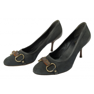 Gucci Black GG Canvas And Leather Trim Bamboo Horsebit Pumps