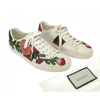 Gucci White Floral Embroidered Leather Ace Low Top Sneakers