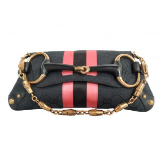 Gucci Black/Pink GG Canvas and Satin Horsebit Chain Clutch