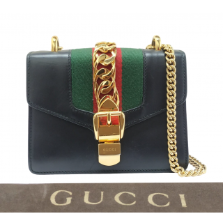 Gucci Sylvie Web Black Leather Mini Chain Bag