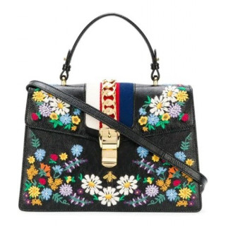 Gucci Black Smooth Calfskin Leather Floral Embroidered Medium Sylvie Top Handle Bag