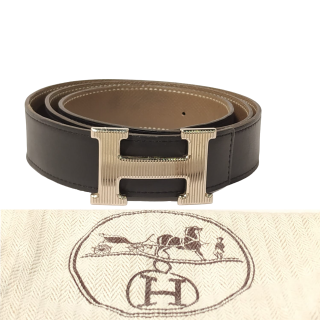 Hermes Noir/Etoupe Chamonix and Togo Leather H Strie Reversible Belt