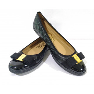 Salvatore Ferragamo Black Quilted Bow Patent Leather Ballet Shoes