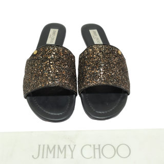 Jimmy Choo Black Glitter Nanda Flat Sandals