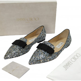 Jimmy Choo Gala Blue Silver Glitter Bow Ballet Flats