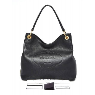 Prada Black Vitello Phenix Leather Embossed Logo Hobo Bag