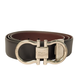 Salvatore Ferragamo Gancini Buckle Black and Brown Reversible Leather Belt