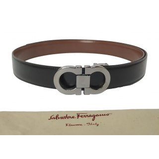 Salvatore Ferragamo Gancini Black Gloss Leather Reversible Belt