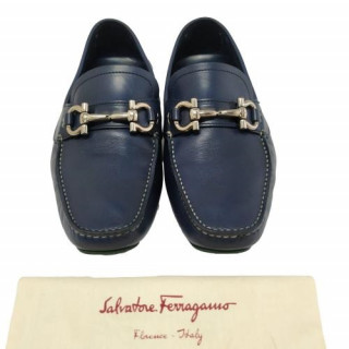 Salvatore Ferragamo Navy and Green Leather Parigi Gancini Bit Driver Loafers
