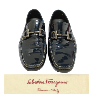 Salvatore Ferragamo Black Patent Leather Parigi Gancini Bit Driver Loafers