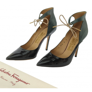 Salvatore Ferragamo Patent Leather and Snakeskin Slingback Knot Pumps