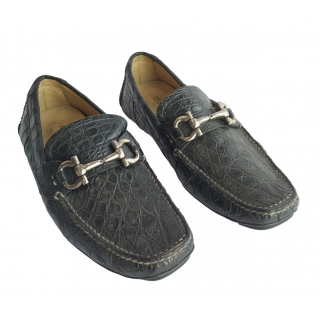 Salvatore Ferragamo Black Croc Leather Parigi Bit Loafers