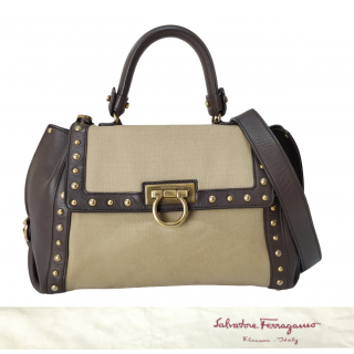 Salvatore Ferragamo Sofia Canvas and Leather Medium Top Handle Bag