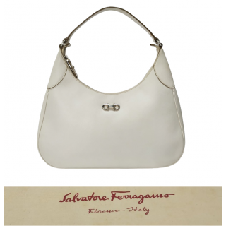 Salvatore Ferragamo White Pebbled Calf Leather Romana Hobo Bag