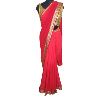 Unbranded Red Saree With Golden Blouse
