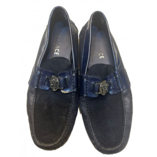 Versace Navy Blue Leather and Suede Medusa Slip On Loafers