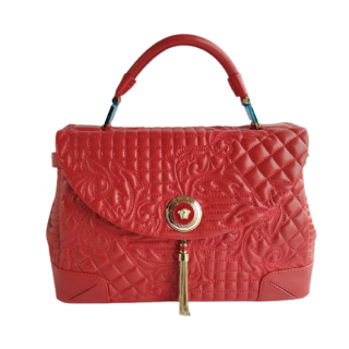 Versace Red Quilted Leather Altea Barocco Vanitas Top Handle Bag