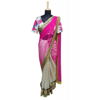 Sabyasachi White and Pink saree with printed blouse