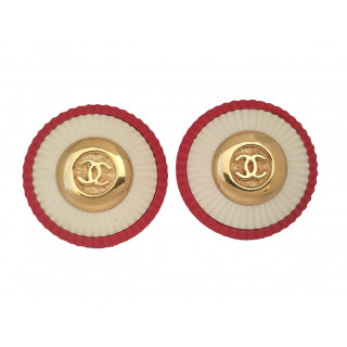 Chanel Vintage CC Logo Red and White Round Earrings