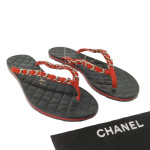 Chanel Red Suede Chain Link Quilted Thong Sandals