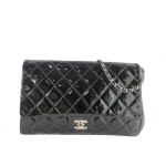 Chanel Classic Black Quilted Patent Leather Chain Clutch