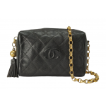 Chanel CC Black Quilted Leather Tassel Camera Crossbody Bag
