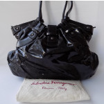 SALVATORE FERRAGAMO Black Patent Calfskin Leather Celtico Satchel Bag