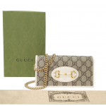 Gucci White/Beige GG Canvas And Leather Horsebit 1955 Wallet on Chain