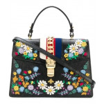 Gucci Black Smooth Calfskin Leather Floral Embroidered Medium Sylvie Top Handle Bag