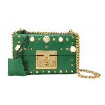 Gucci Green Leather Faux Pearl Stud Padlock Small Shoulder Bag