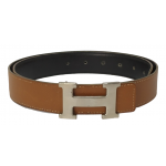 Hermes Brown Togo Leather H Buckle Reversible Belt