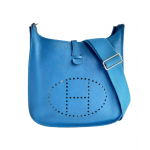 Hermes Blue Clemence Leather Evelyne PM Bag