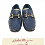 Salvatore Ferragamo Blue and White Leather Parigi Gancini Bit Driver Loafers