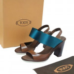 Tods Two Tone Leather and Satin Block Heel Slingback Sandals