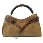 Gucci Bamboo Brown Canvas Leather Trim Shoulder Bag