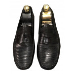 Tods Black Lizard Leather Penny Loafers