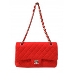 Chanel Classic Red Jersey Silver Metal Shoulder Bag