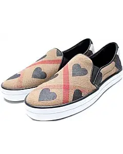 Burberry Beige Canvas House Check Heart Slip-On Sneakers