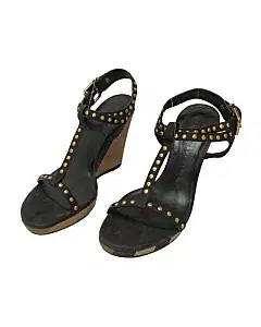Burberry Black Studded Strappy Wedges Heel Sandals